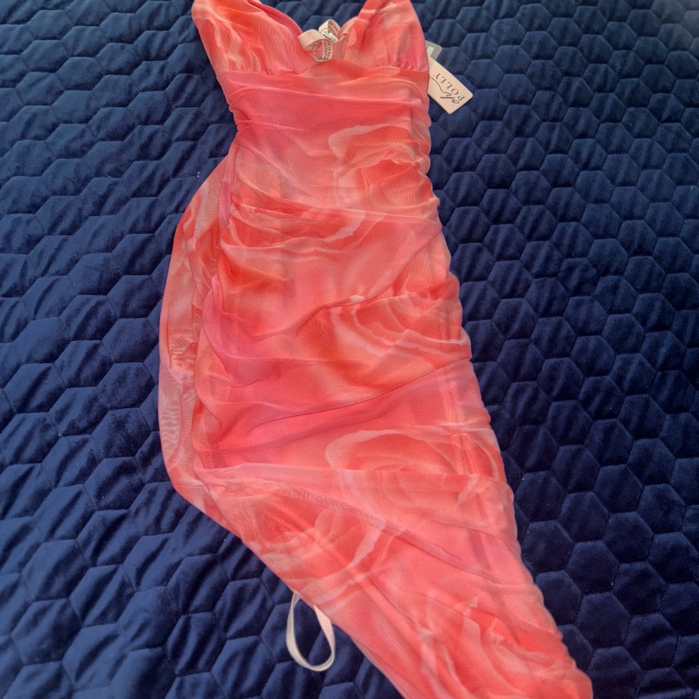 Oh Polly Coral Pink Rose-Print Plunge Midi Dress - Picture 4 of 4